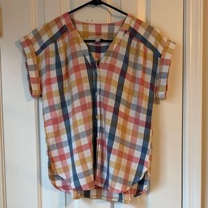 LOFT Multi-Color Plaid Short Sleeve Button-Front Top
